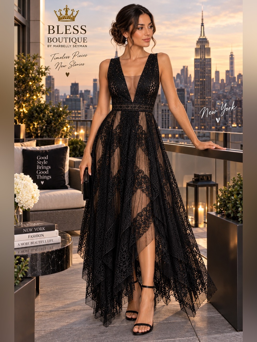 NWT BCBGMAXAZRIA Andi Black Nude Lace Asymmetrical Gown Size 2 $398